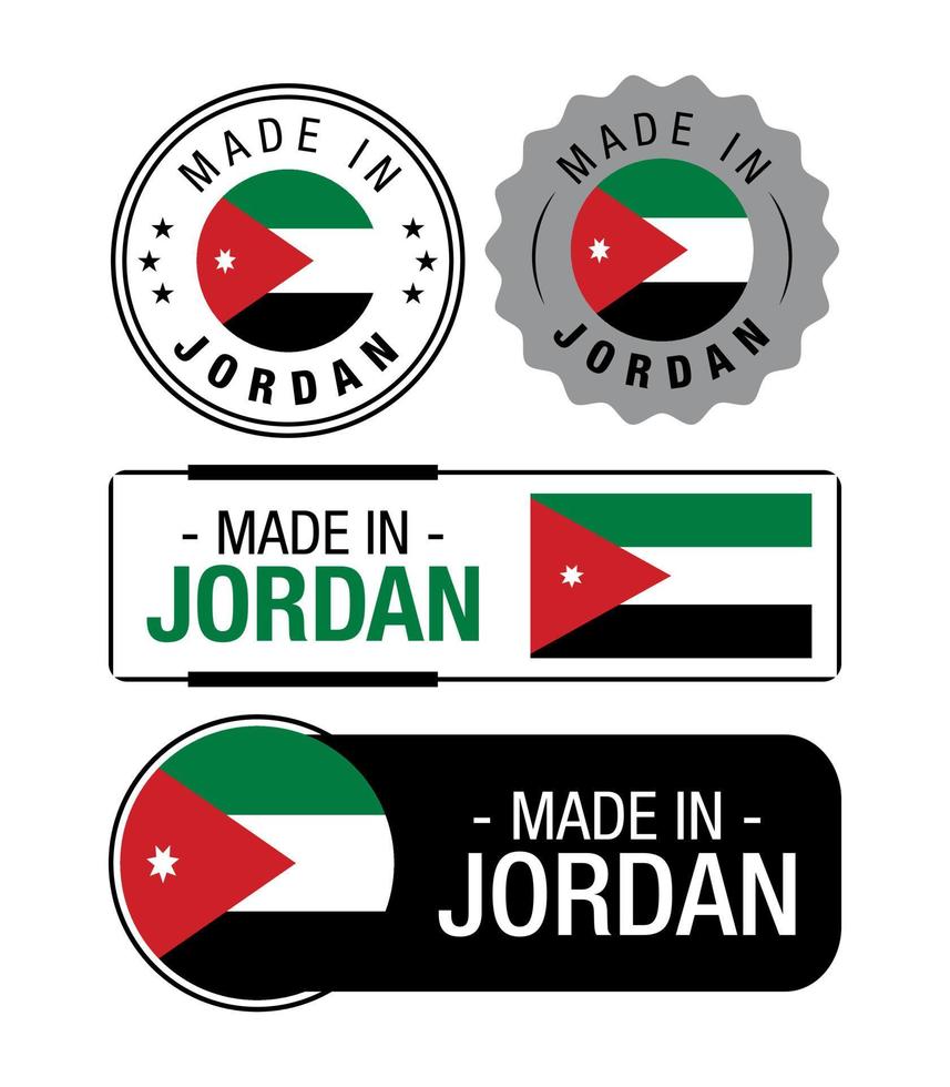 conjunto de rótulos feitos na Jordânia, logotipo, bandeira da Jordânia, emblema de produto da Jordânia vetor