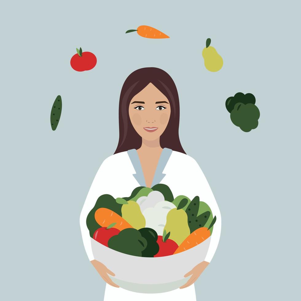 conceito de nutricionista. vector cartoon bela jovem com tigela de frutas e legumes. planejador de dieta. terapia nutricional com alimentos saudáveis.