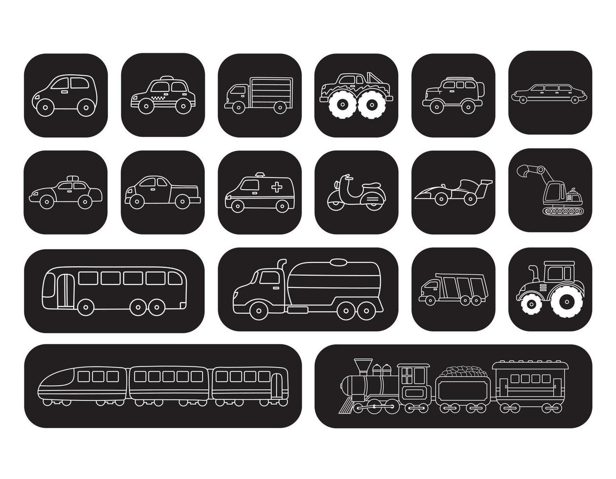 conjunto de ilustração vetorial de carro de veículo de transporte e ícones de trens com linhas brancas em fundo escuro vetor