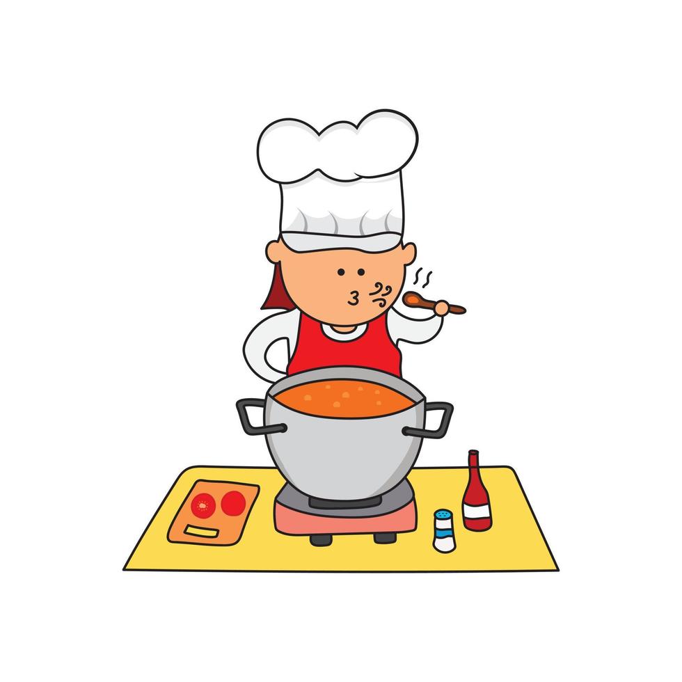 crianças desenhando ilustração vetorial de um chef cozinhando uma sopa na cozinha vetor