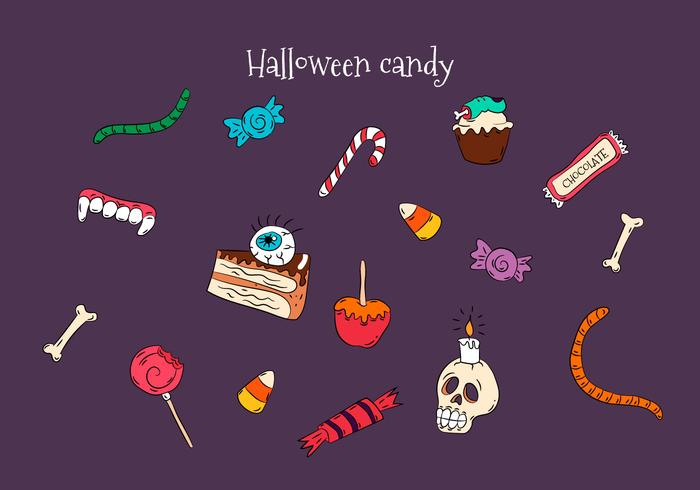 Vetores de doces de Halloween coloridos à mão