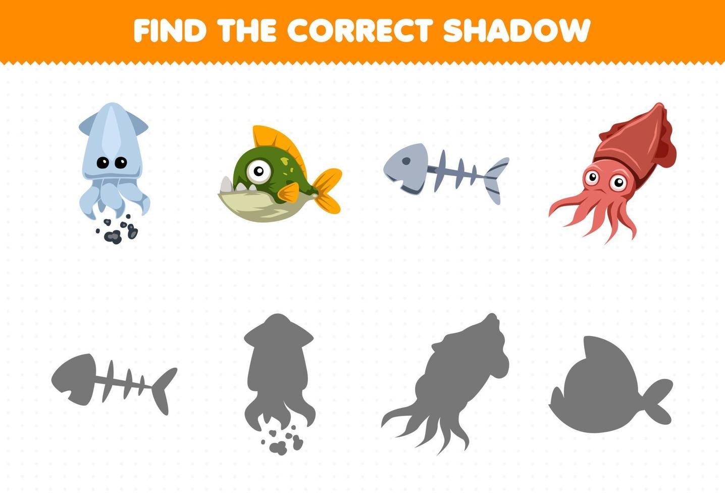 jogo educacional para crianças encontre o conjunto de sombras correto de desenho animado lula piranha espinha de peixe choco para impressão planilha subaquática vetor