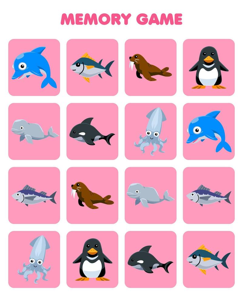 jogo de educação para a memória das crianças para encontrar imagens semelhantes de desenho animado peixe golfinho morsa pinguim beluga orca lula imprimível planilha subaquática vetor