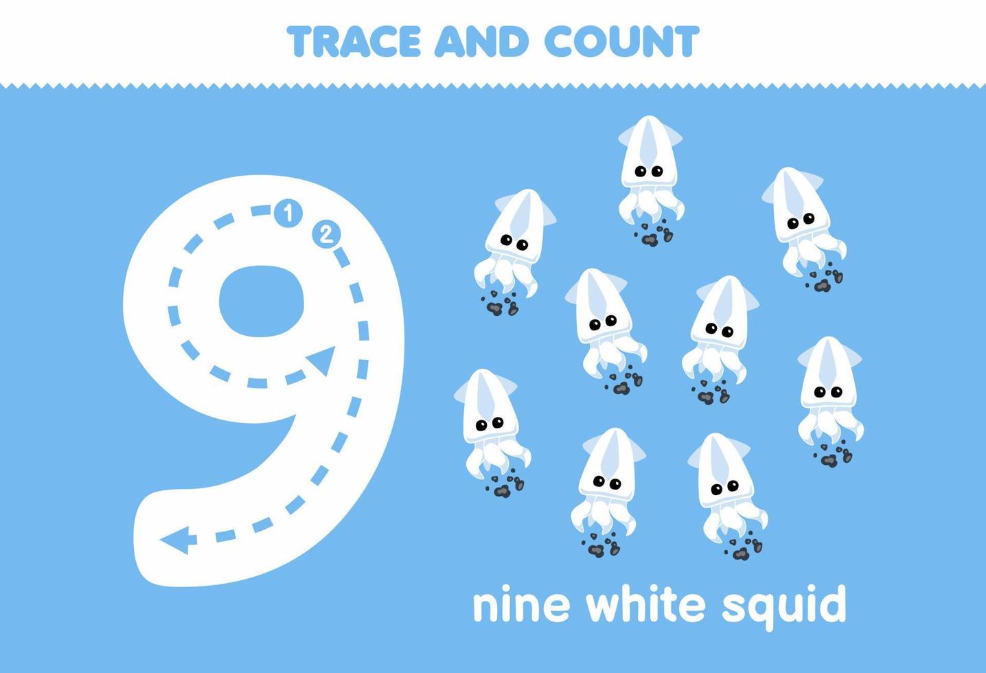jogo educativo para crianças divertidas contando nove lulas brancas imprimíveis planilha subaquática vetor