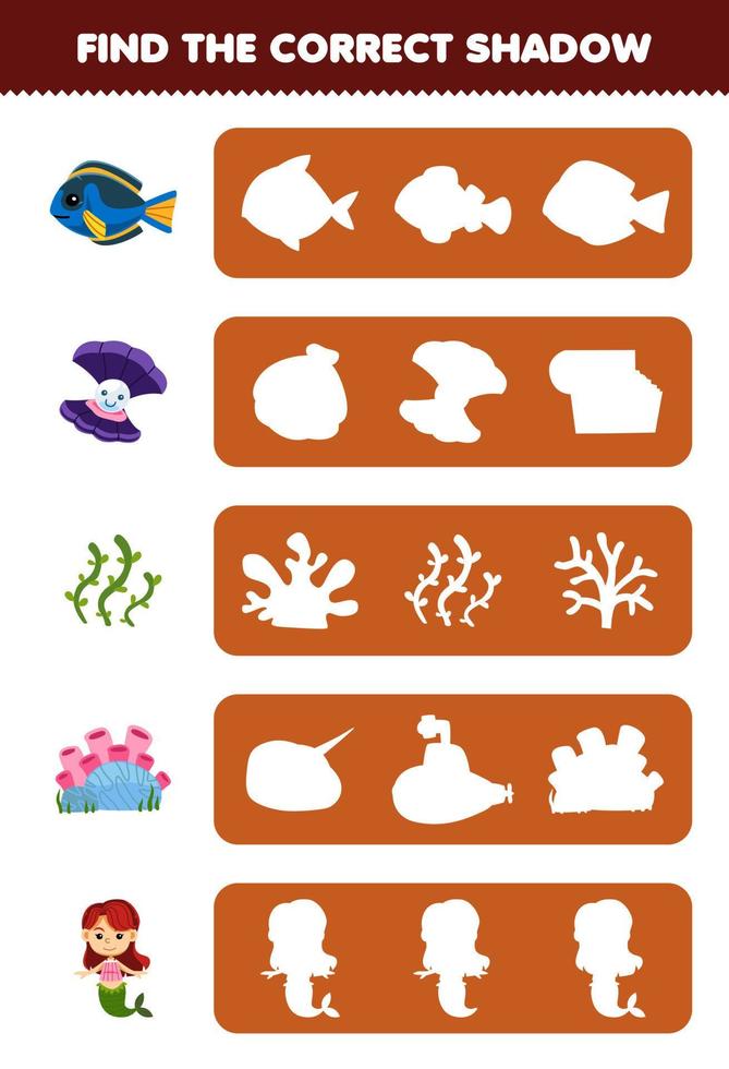 jogo educacional para crianças encontre a silhueta de sombra correta de desenho animado bonito concha de peixe algas coral sereia imprimível planilha subaquática vetor