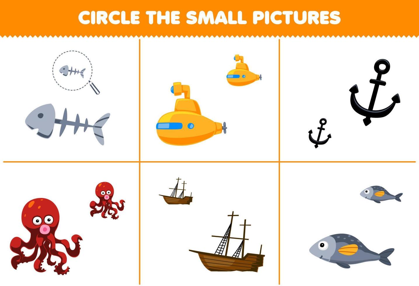 jogo de educação para crianças, circule a pequena imagem de desenho animado bonito, osso de peixe, âncora submarina, polvo, navio naufragado, planilha subaquática imprimível vetor