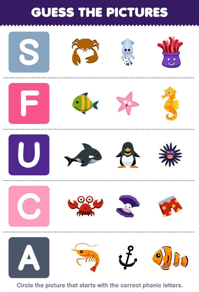 jogo educacional para crianças adivinhar a imagem correta para a palavra fônica que começa com a letra sfuc e uma planilha subaquática imprimível vetor