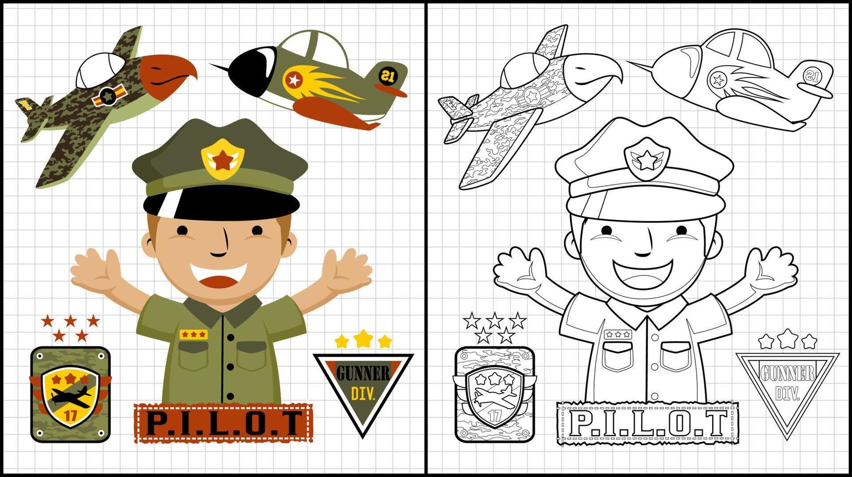 livro de colorir de desenho piloto engraçado com avião militar vetor