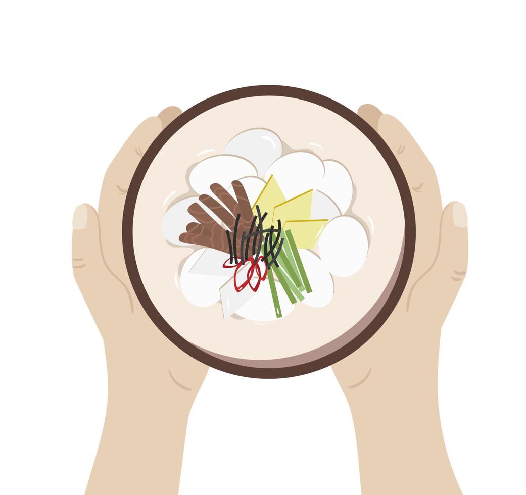 prato nacional para o ano novo lunar ou seollal tteok-guk cortado. sopa tradicional coreana tteokguk prato isolado na mão. comida tet de férias orientais em estilo simples e plano. ilustração vetorial vetor