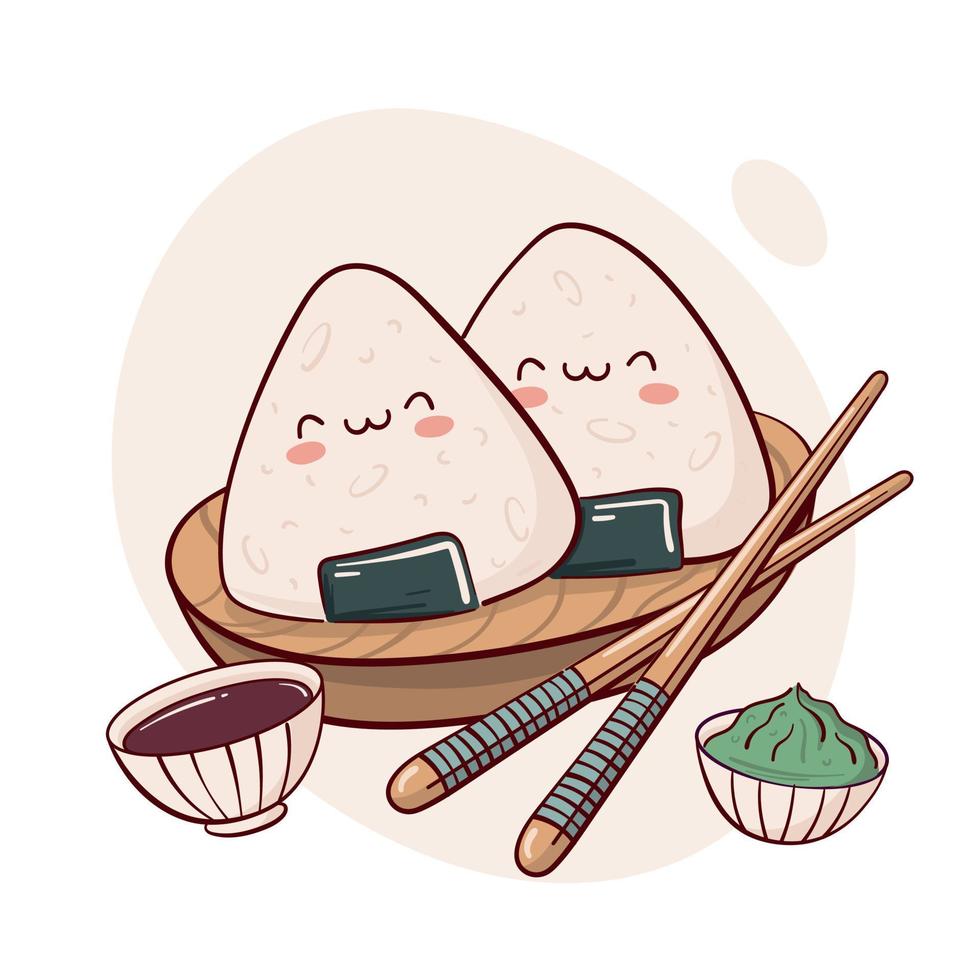 desenhar engraçado kawaii japonês onigiri bolas de arroz com ilustração vetorial nori. comida asiática japonesa, culinária, conceito de menu. estilo cartoon doodle. vetor