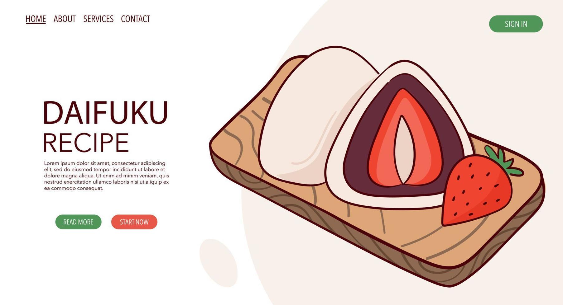 página web desenhar Japão tradição doce mochi daifuku ilustração vetorial. comida tradicional asiática japonesa, culinária, conceito de menu. banner, site, publicidade no estilo cartoon doodle. vetor