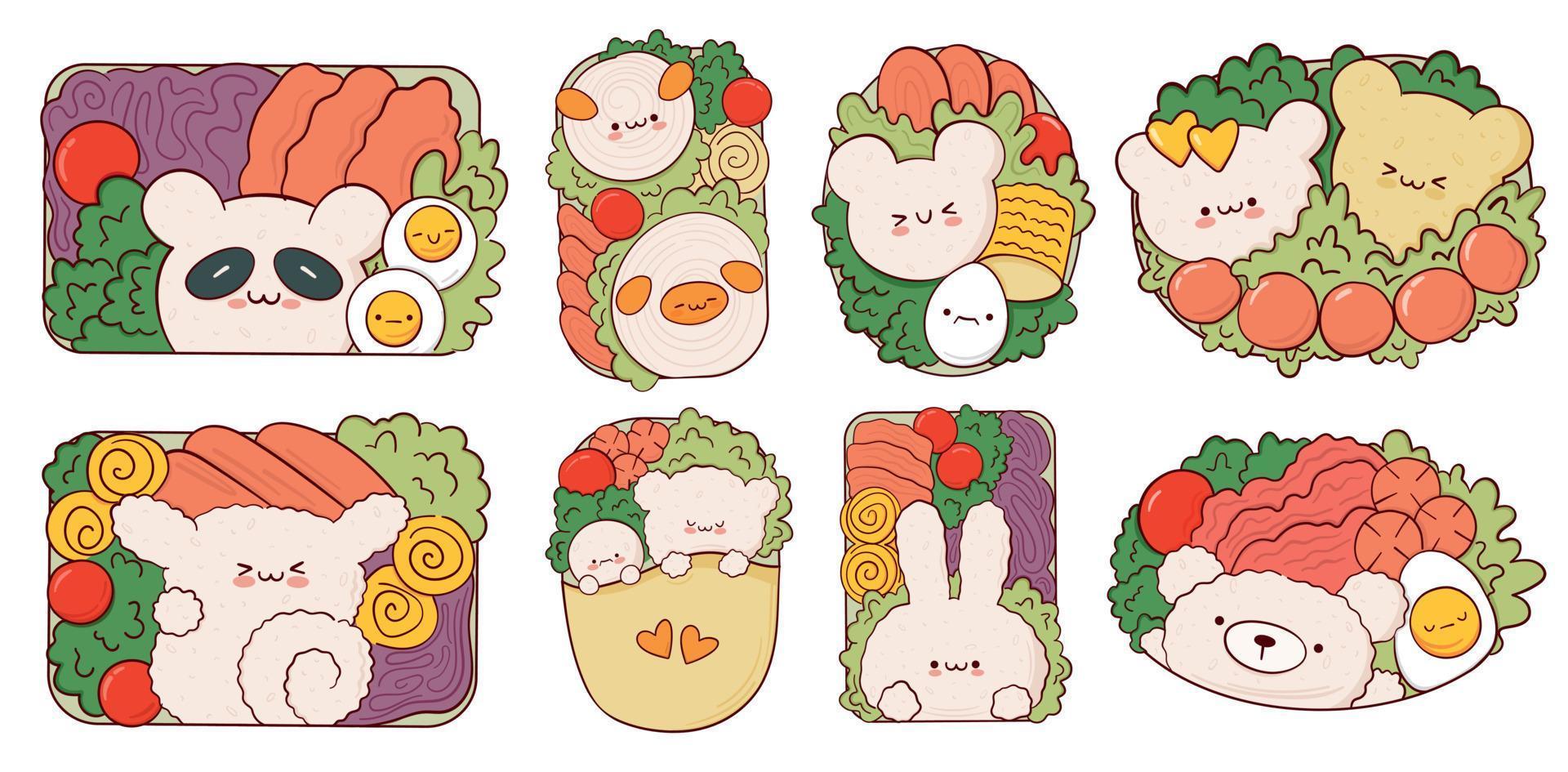 desenhe engraçado kawaii bento box ilustração vetorial de preparação de refeição para viagem em casa. comida tradicional asiática japonesa, culinária, conceito de menu. doodle estilo cartoon vetor