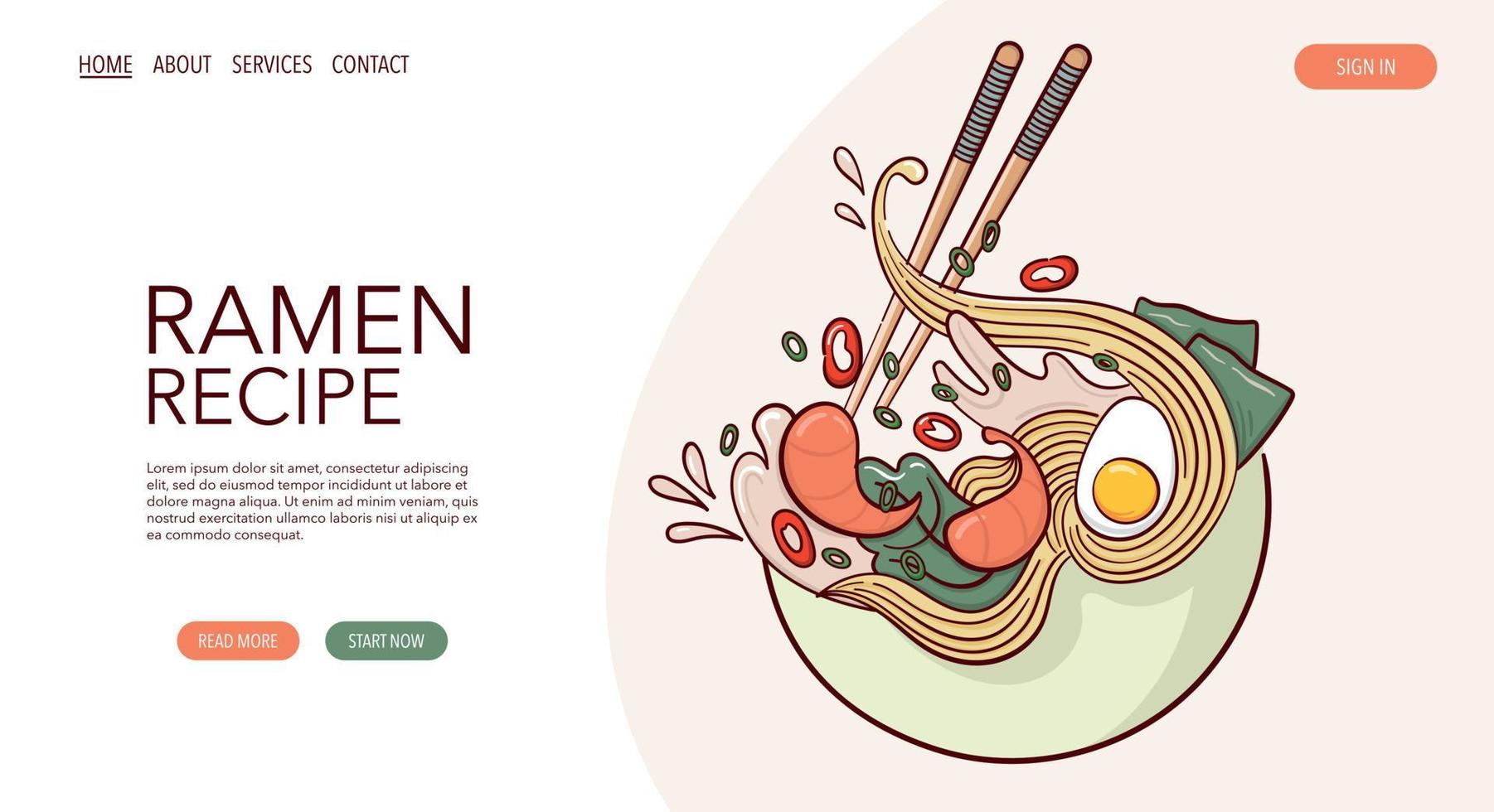 página da web desenhar sopa de ramen em uma ilustração vetorial de tigela. comida tradicional asiática japonesa, culinária, conceito de menu. banner, site, publicidade em estilo cartoon doodle.. vetor