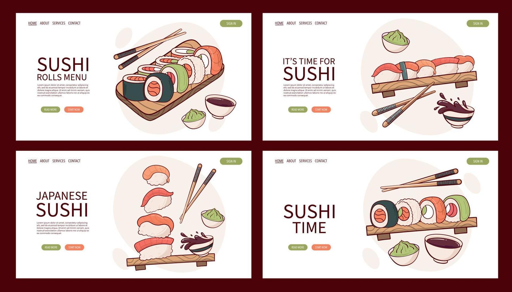 página web desenhar ilustração vetorial de rolo de sushi nigiri. comida tradicional asiática japonesa, culinária, conceito de menu. banner, site, publicidade em estilo cartoon doodle.. vetor