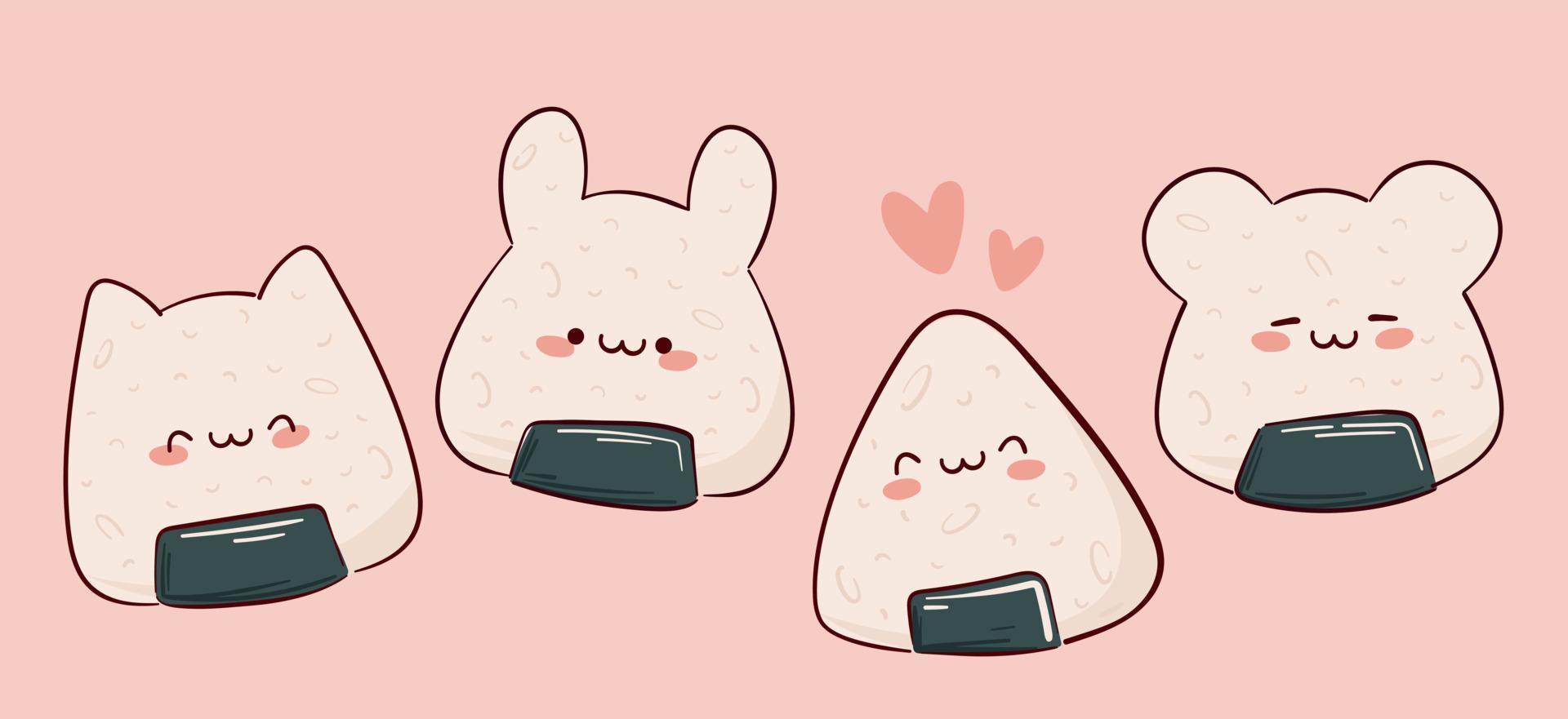 desenhar engraçado kawaii japonês onigiri bolas de arroz com ilustração vetorial nori. comida asiática japonesa, culinária, conceito de menu. estilo cartoon doodle. vetor