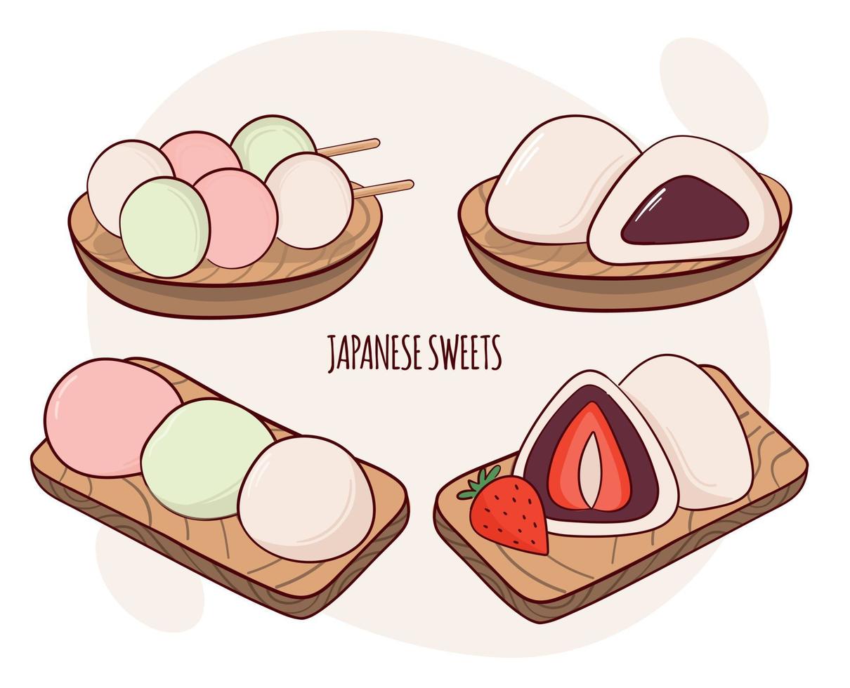 Japão tradição doces mochi daifuku dango ilustração vetorial. comida tradicional asiática japonesa, culinária, conceito de menu. estilo cartoon doodle. vetor