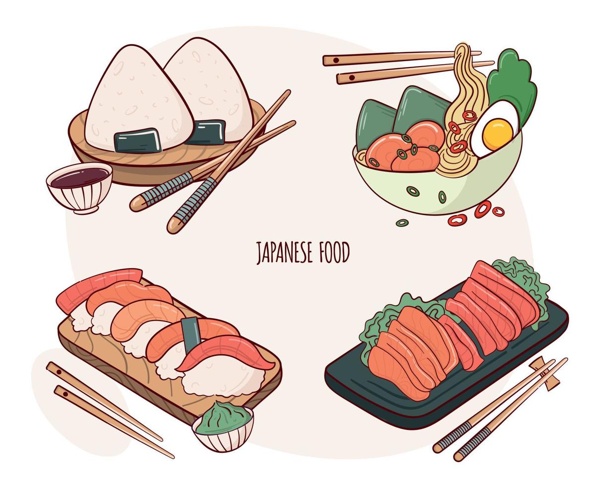 desenhar sashimi, nigiri, onigiri, ilustração vetorial de ramen. comida tradicional asiática japonesa, culinária, conceito de menu. estilo cartoon doodle. vetor