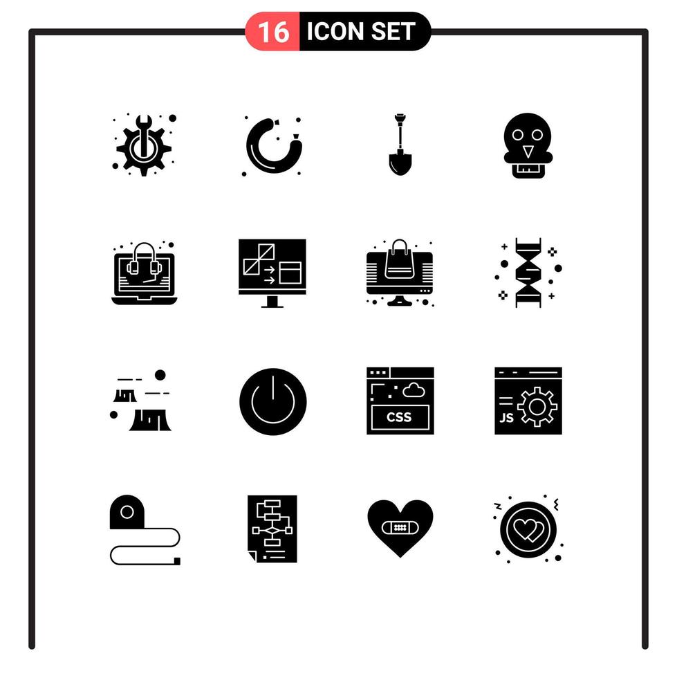 conjunto de 16 sinais de símbolos de ícones de interface do usuário modernos para consulta médica showel caveira da morte cavando elementos de design de vetores editáveis