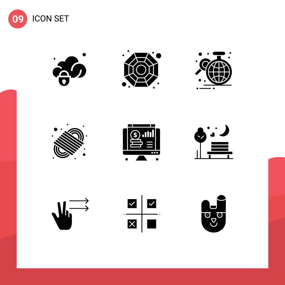 conjunto de 9 sinais de símbolos de ícones de interface do usuário modernos para negócios de corda on-line para corda de acampamento elementos de design de vetores editáveis