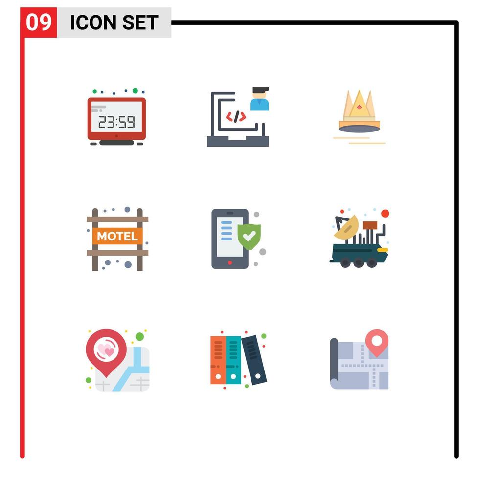 pacote de interface do usuário de 9 cores planas básicas de telefone motel laptop acomodação educação elementos de design de vetores editáveis