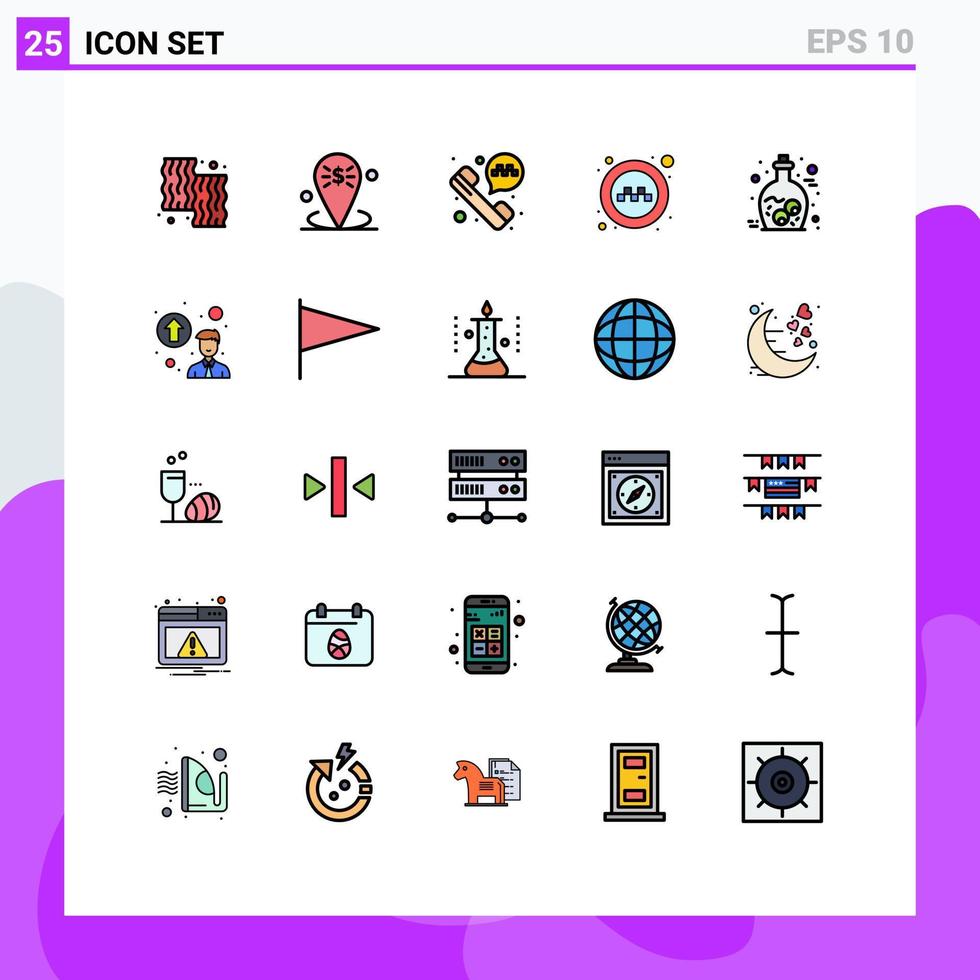 25 cores planas de linha preenchida universal definidas para aplicativos da web e móveis sinais oculares colocam serviço de táxi telefone elementos de design de vetores editáveis