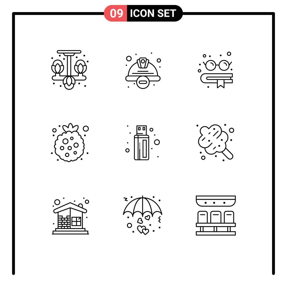grupo de símbolos de ícone universal de 9 contornos modernos de conector chapéu de trabalhador de framboesa baga saudável elementos de design de vetores editáveis
