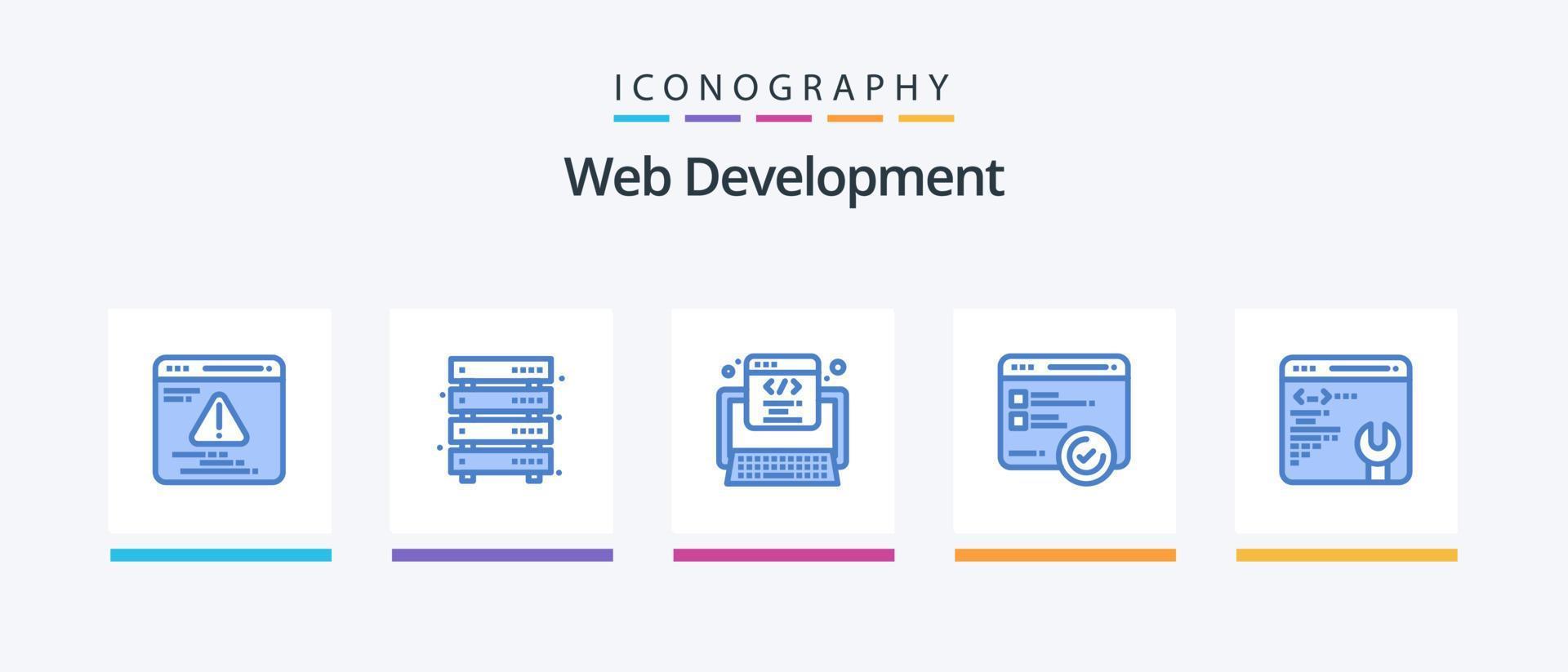 pacote de ícones azul 5 de desenvolvimento web, incluindo página da web. rede. código. teste. desenvolvimento. design de ícones criativos vetor