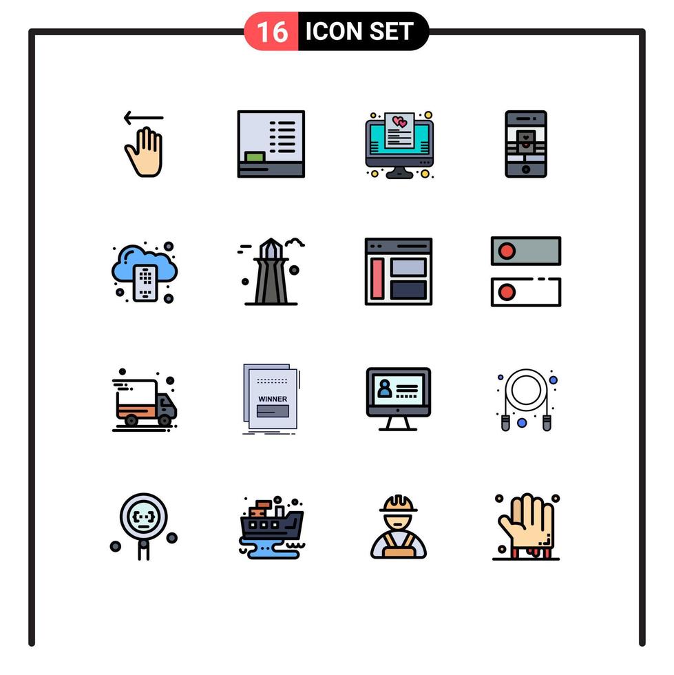 16 sinais de linha cheia de cores planas universais símbolos de comunicações de vídeo favoritas de webcam em nuvem elementos de design de vetores criativos editáveis