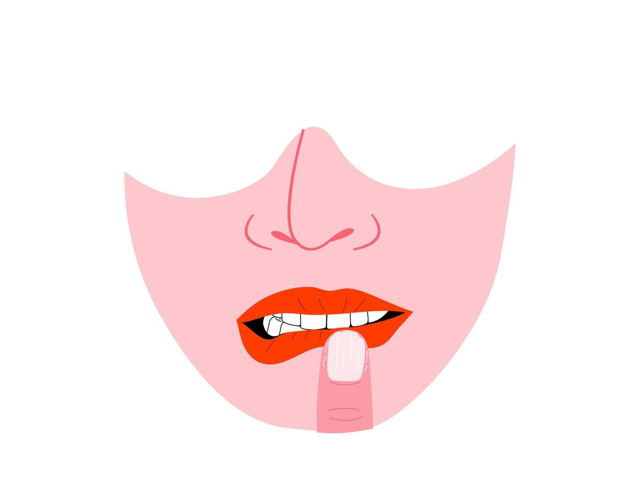 isolado do rosto humano mostrando o distúrbio de roer lábios e unhas, sintoma de bfrbs de comportamentos repetitivos focados no corpo. ilustração em vetor plana.
