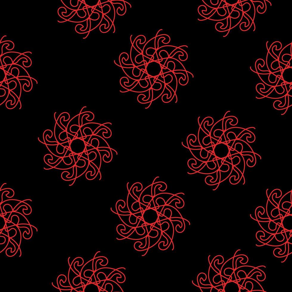 padrão perfeito de mandalas ornamentadas em vermelho sobre fundo preto, cachos redondos abstratos para design vetor