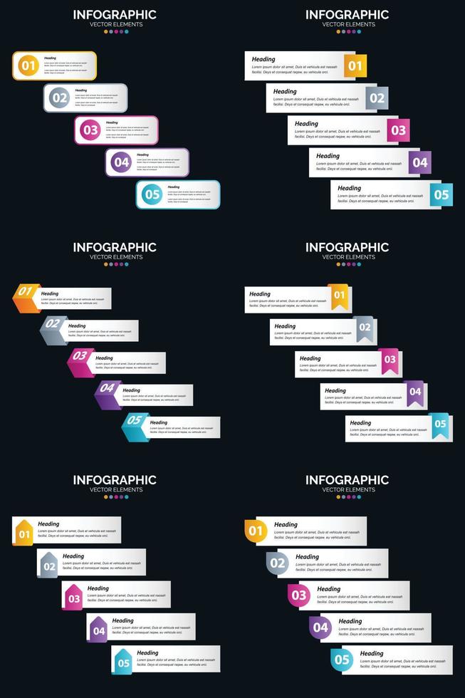 modelo de slide de apresentação de pacote de infográficos vetor 6 diagramas de ciclo de 5 etapas e linhas do tempo