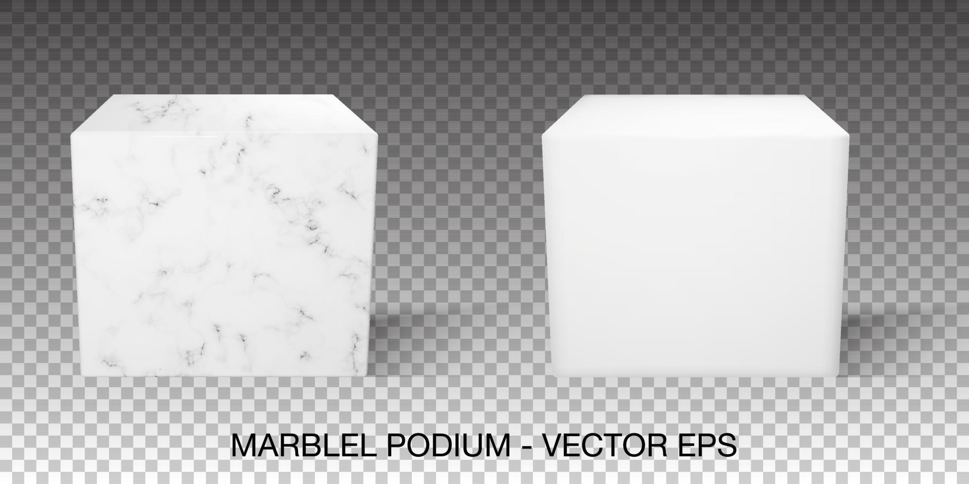 palco de mármore sem fundo. suporte de cubo branco isolado para galeria ou vitrine de publicidade. objeto quadrado de renderização 3D com textura vetor