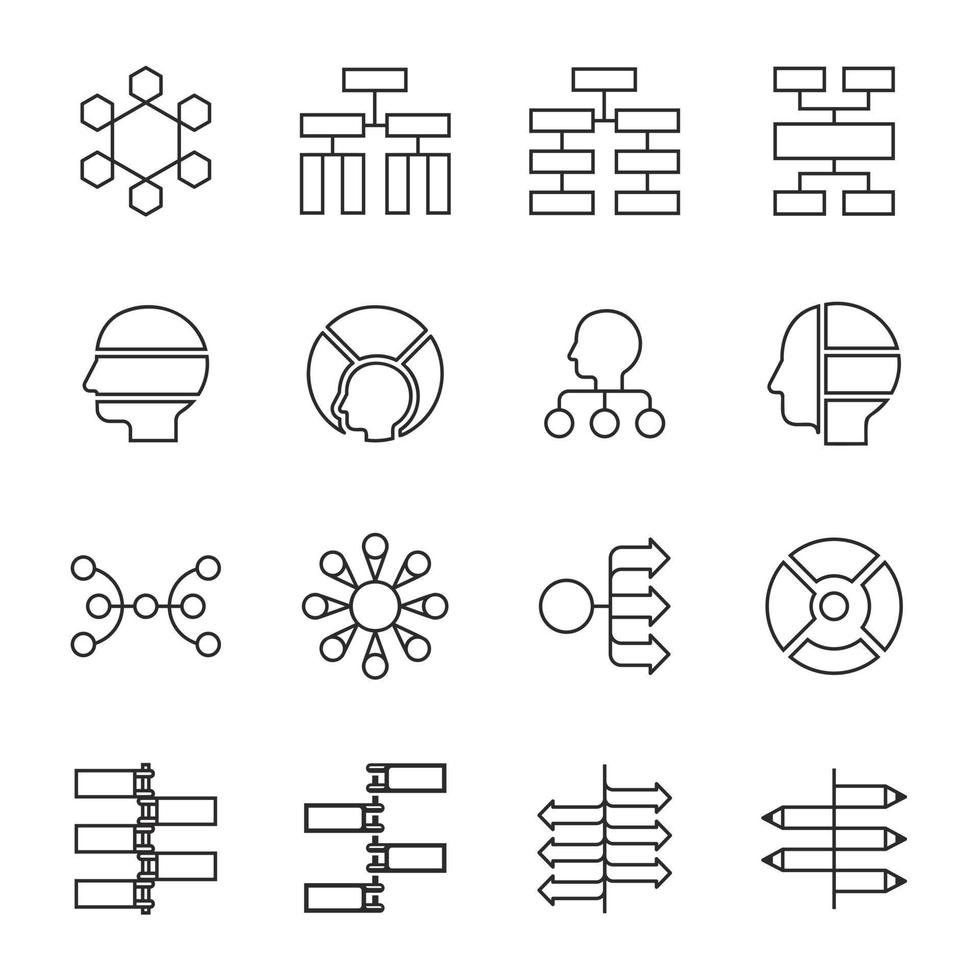 modelo de infográfico de mapa mental moderno. coleção de ícones de linha plana. vetor de design simples