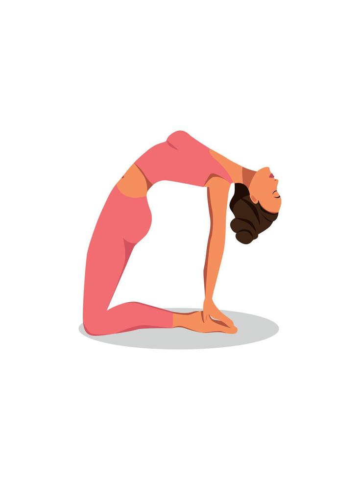 uma garota de terno rosa faz ioga em uma pose de camelo inclinação de asana em um gráfico de vetor de fundo branco