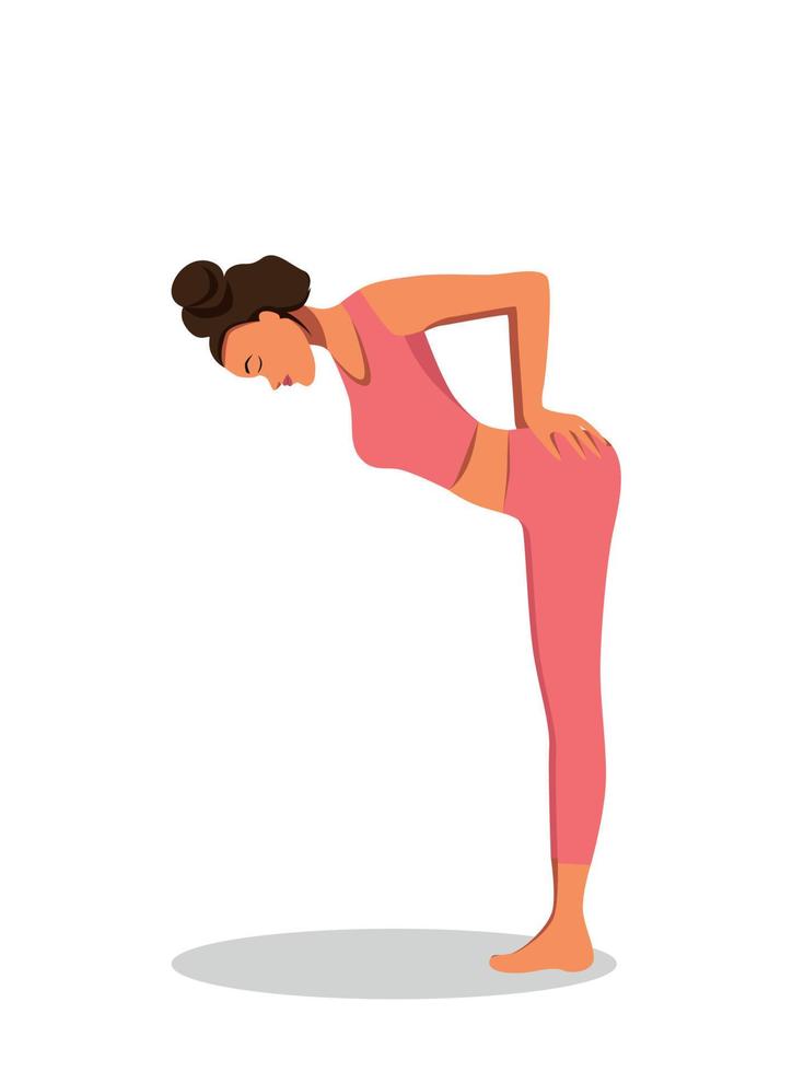 uma garota de terno rosa está fazendo ioga em uma pose de inclinação asana em um gráfico de vetor de fundo branco
