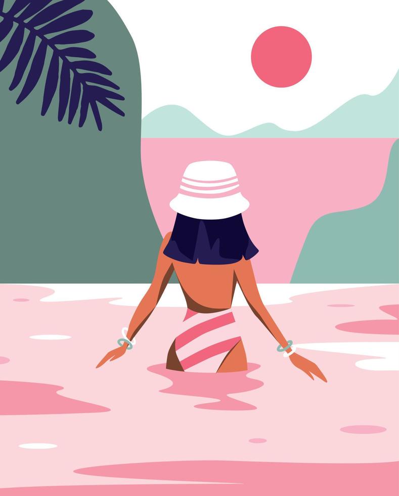 design de ilustração de gráficos vetoriais uma garota sem rosto em um biquíni na natureza nas férias nada em um lago ou mar ilustração brilhante rosa verde vetor