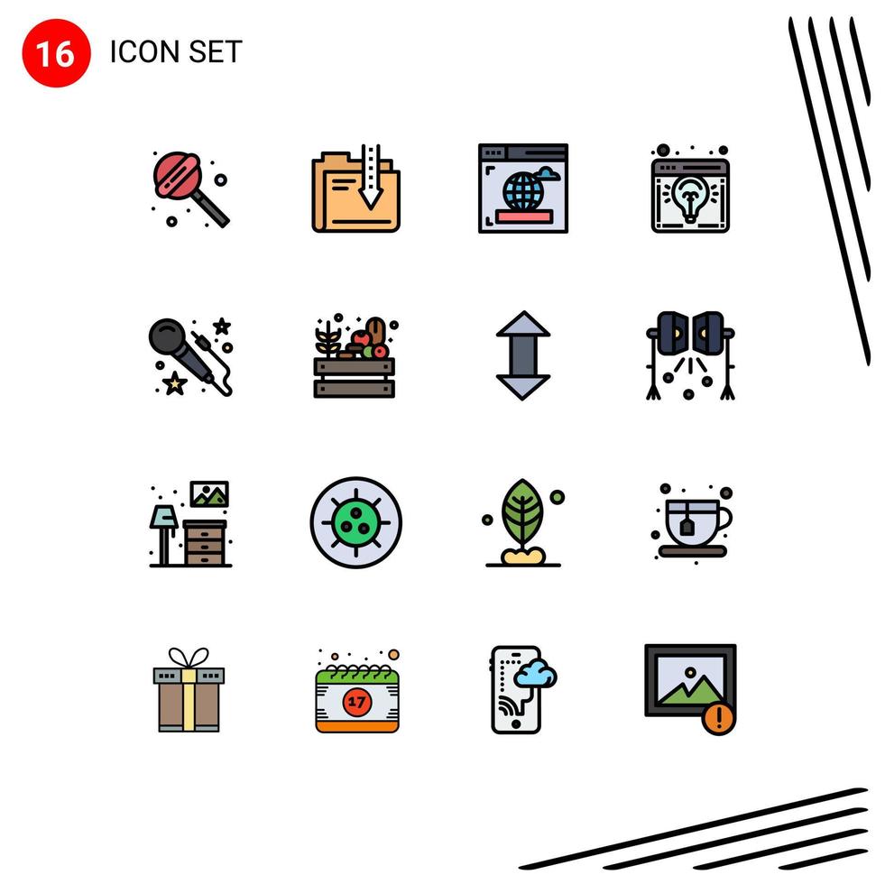 16 conceito de linha cheia de cores planas para sites móveis e aplicativos microfone lâmpada navegador lançar ideia de negócio elementos de design de vetor criativo editáveis