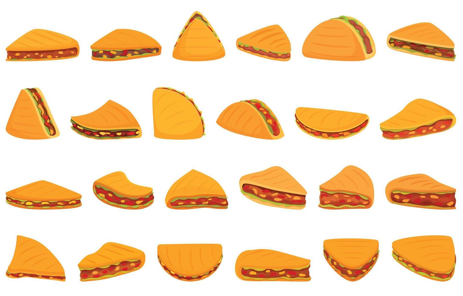 os ícones do quesadilla definem o vetor dos desenhos animados. restaurante de comida