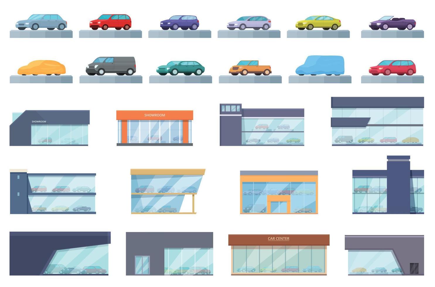 os ícones do showroom do carro definem o vetor dos desenhos animados. negociante de construção