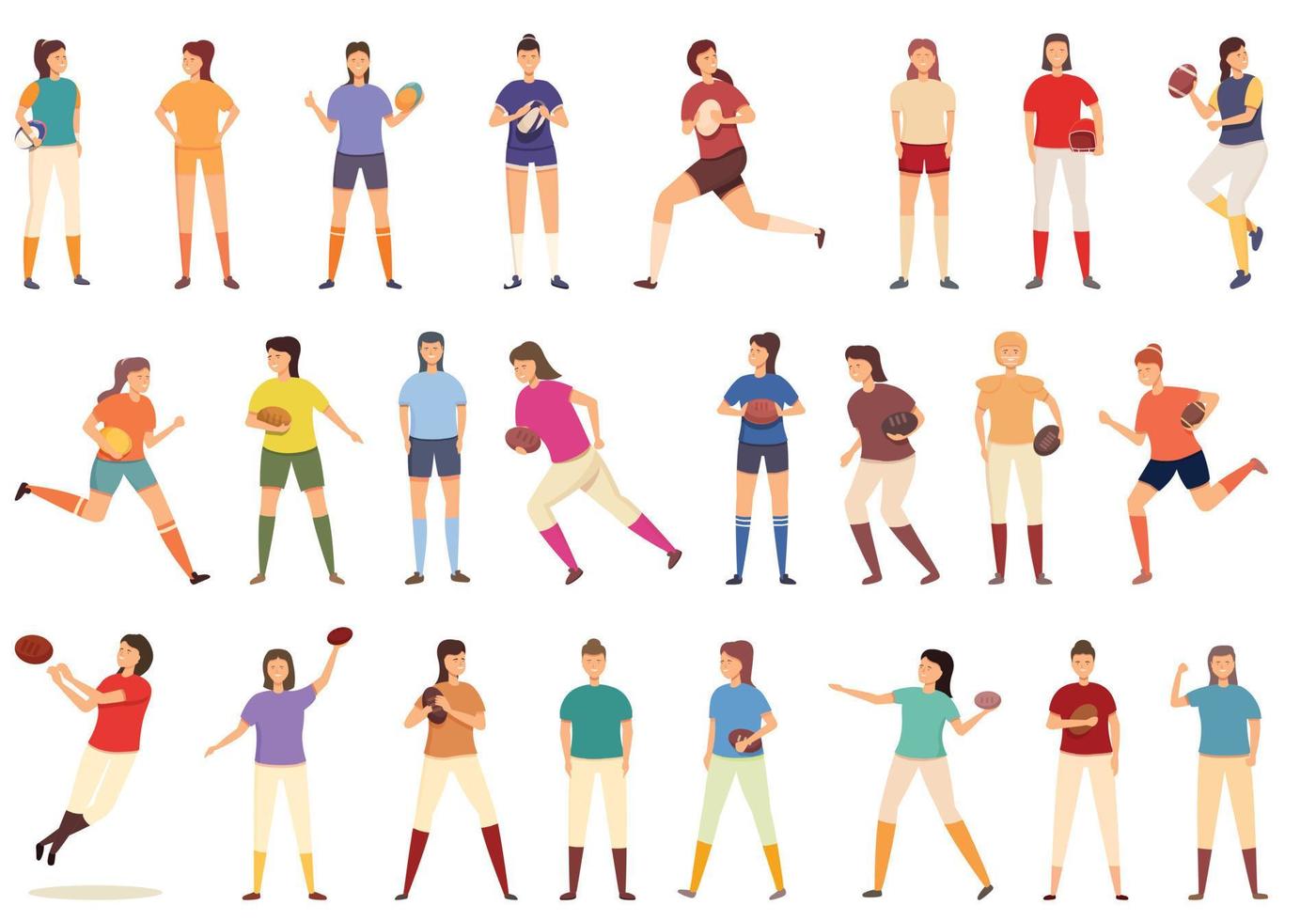 os ícones do jogador do rugby da mulher ajustaram o vetor dos desenhos animados. menina do futebol