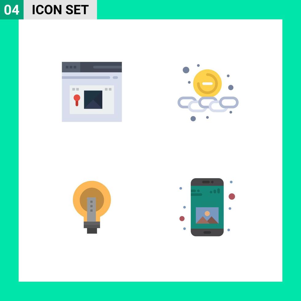 pacote de 4 sinais e símbolos de ícones planos modernos para mídia impressa na web, como site brilhante da internet, ideia menor, elementos de design vetorial editáveis vetor