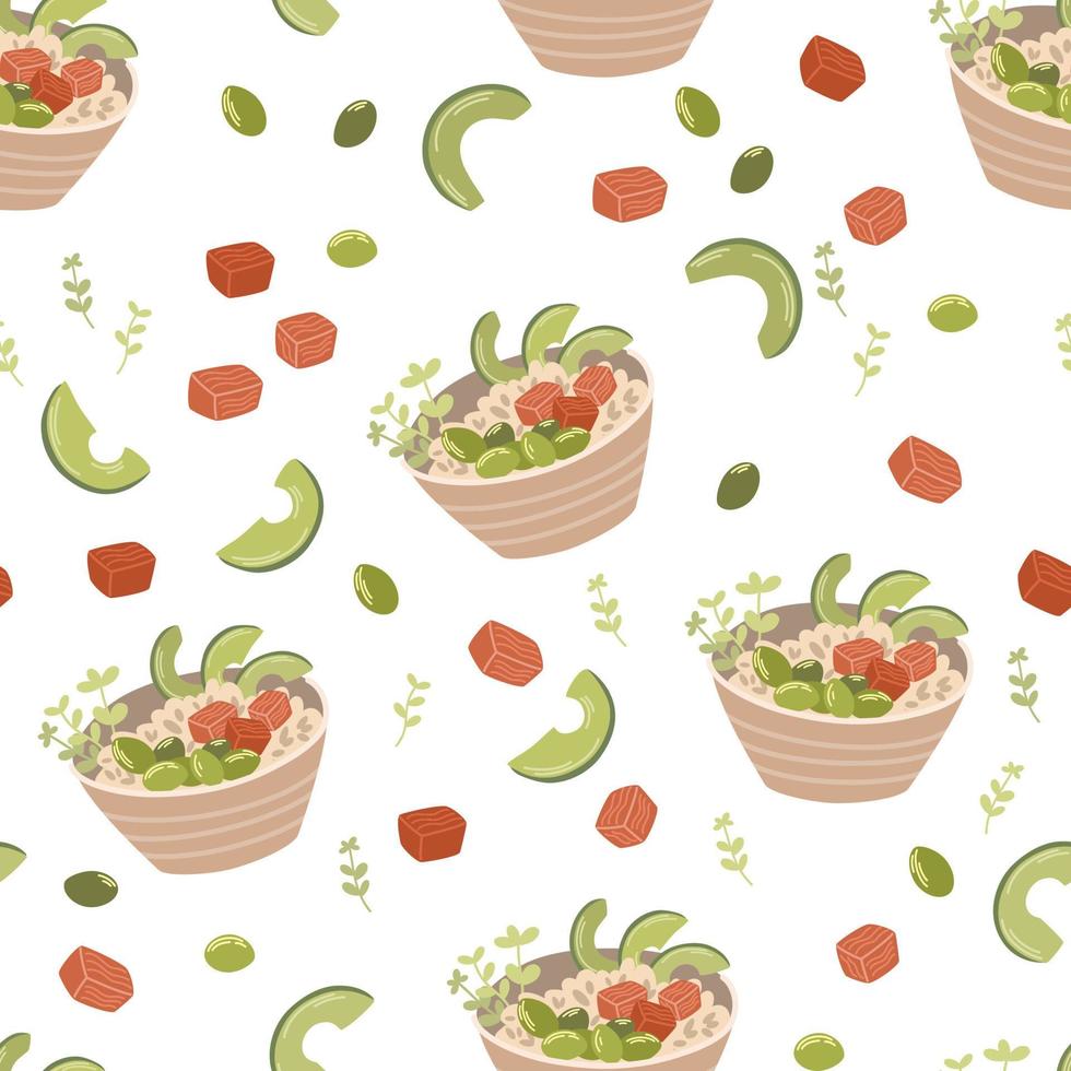 cutucar o padrão sem emenda da tigela. fundo de comida asiática. poke bowl com arroz, ovo, carne, peixe, camarão e alga. perfeito para café de restaurante e menus de impressão. vector mão desenhar ilustração dos desenhos animados.