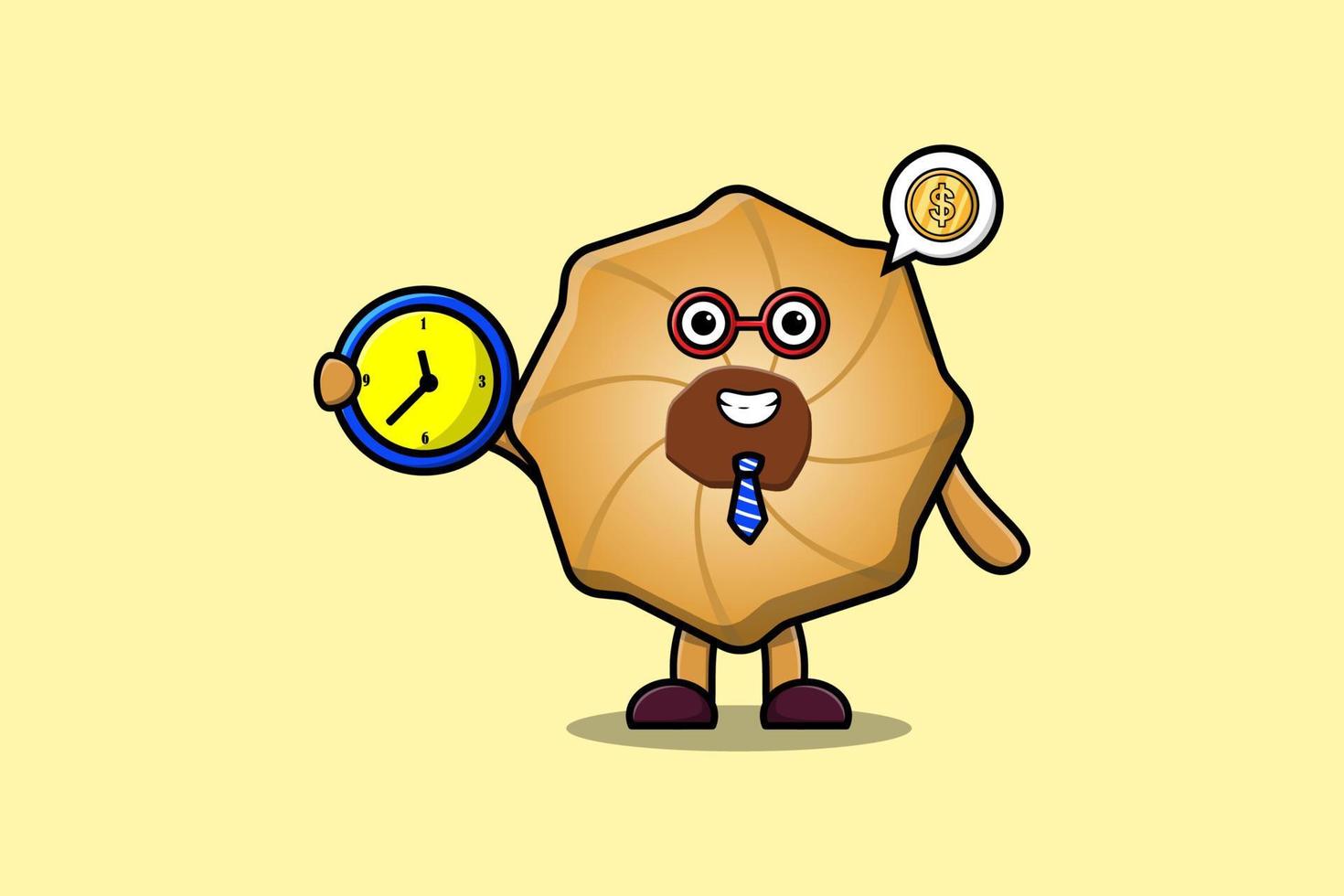 personagem de biscoitos de desenho animado bonito segurando o relógio vetor