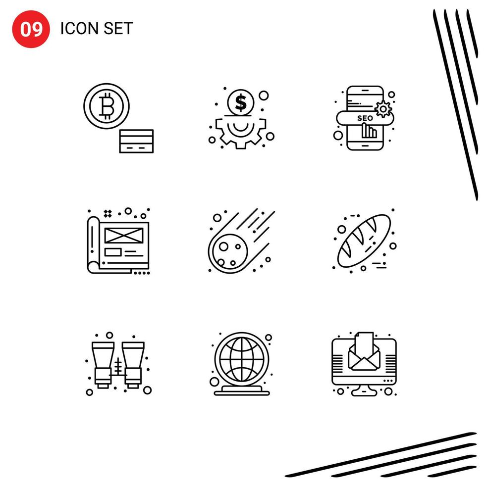pacote de ícones de vetores de estoque de 9 sinais e símbolos de linha para assar arte de meteorito arquivo de asteroides elementos de design de vetores editáveis