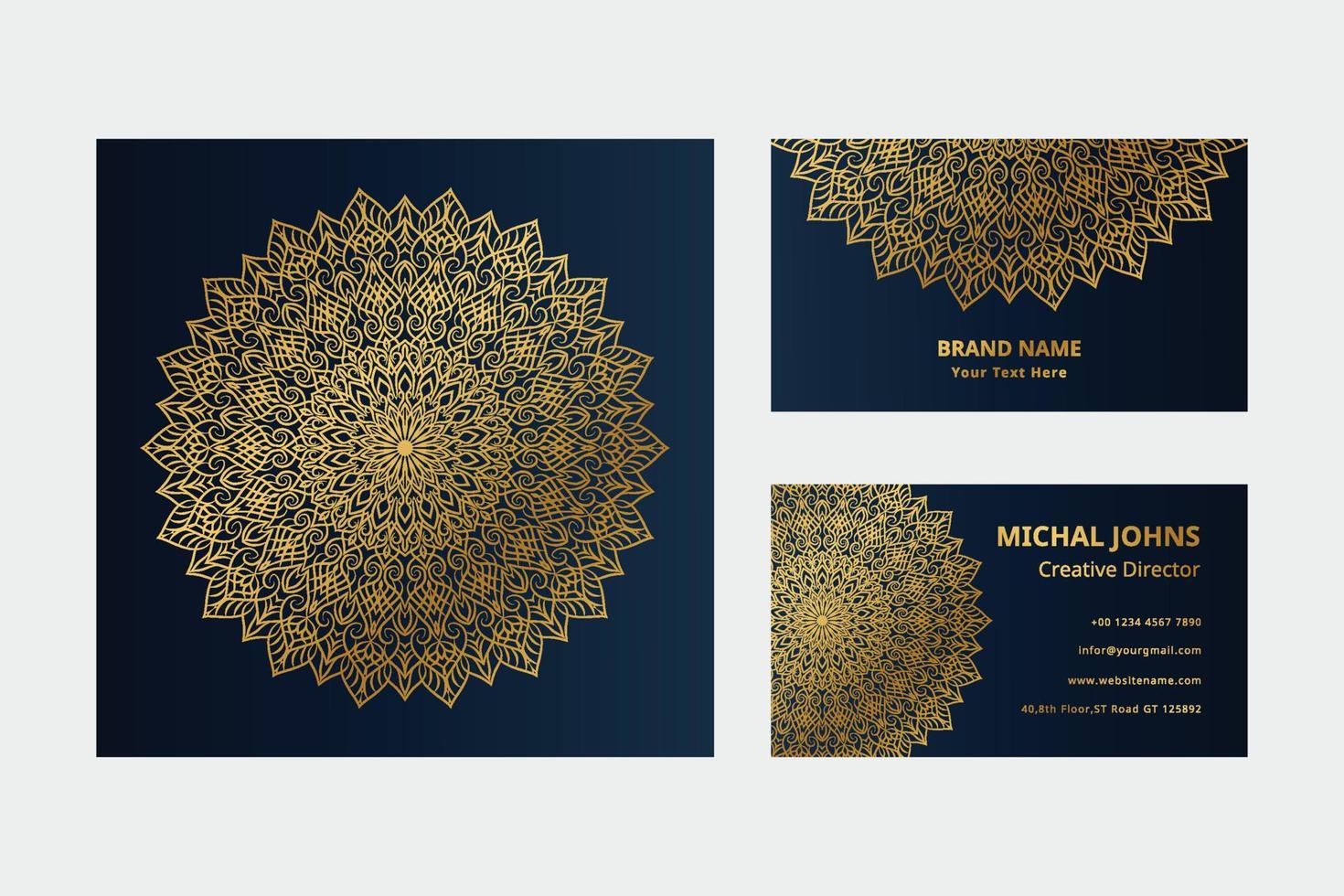 cartões de visita ouro com flor oriental mandala pro vetor