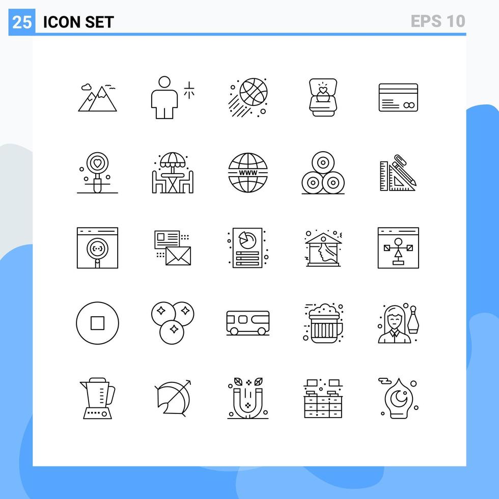 Pacote de linha de interface de usuário 25 de sinais e símbolos modernos de cartão de crédito anel de coração de água editável elementos de design vetorial vetor