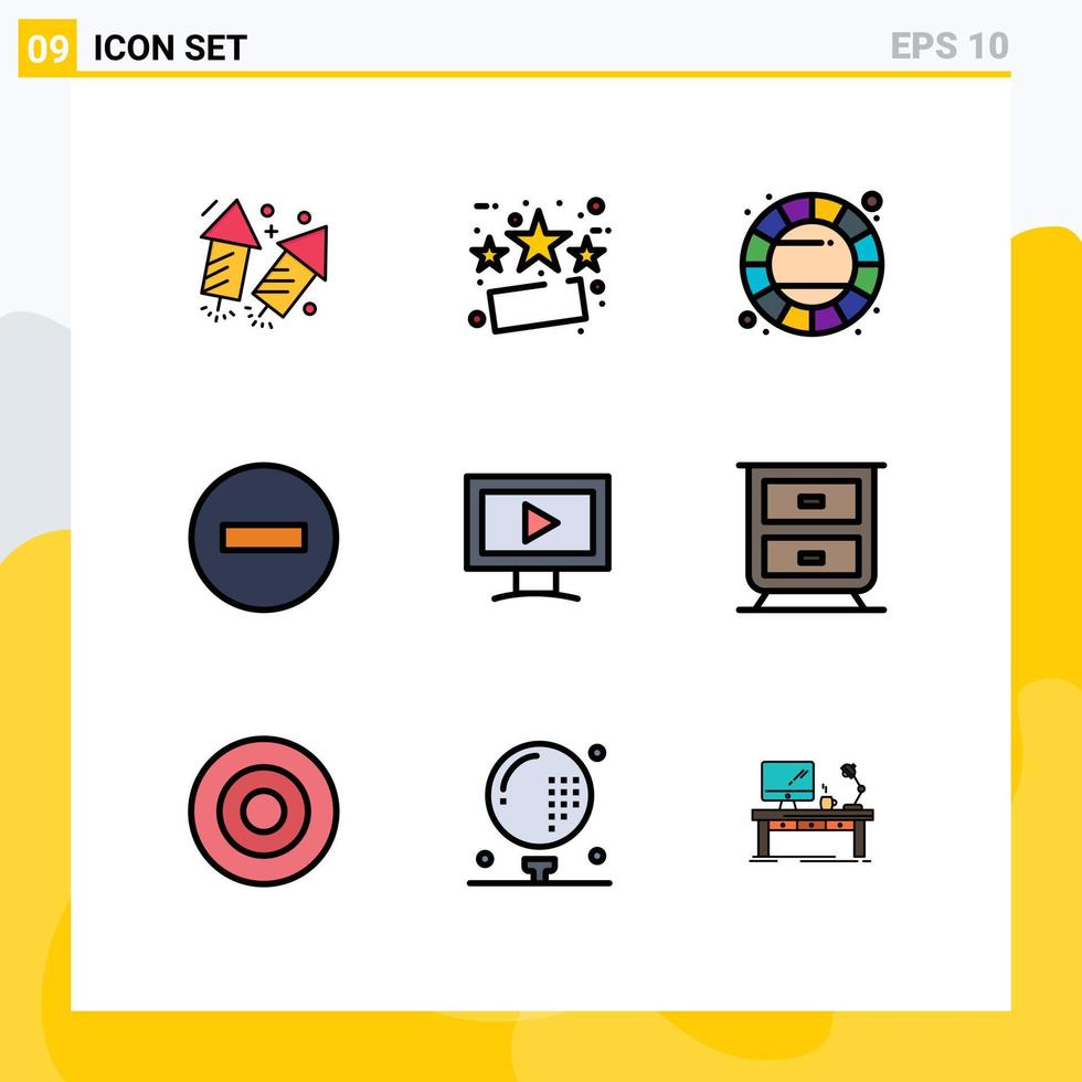 conjunto de pictogramas de 9 cores planas de linha preenchida simples do monitor remover multimídia colorida excluir elementos de design de vetores editáveis