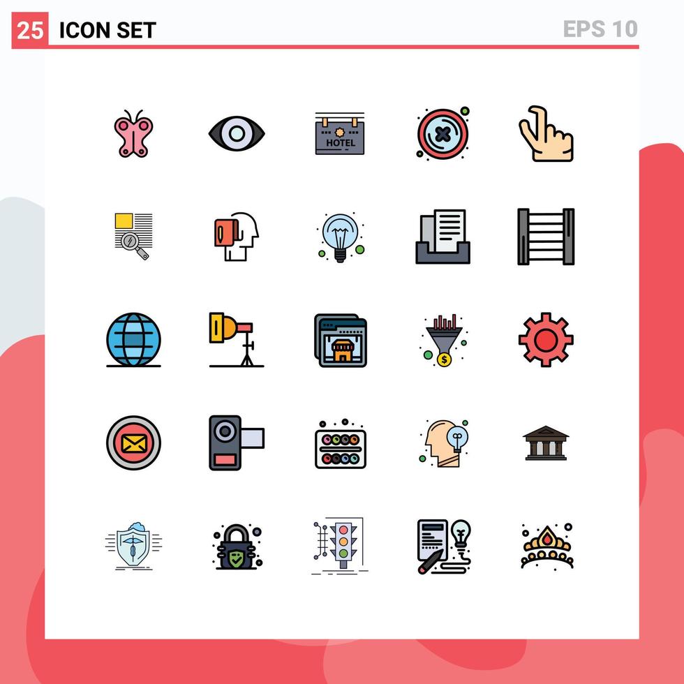 Pacote de cores planas de linha cheia de 25 interfaces de usuário de sinais modernos e símbolos de botão de sinal de redução de zoom cruzam elementos de design vetorial editáveis vetor