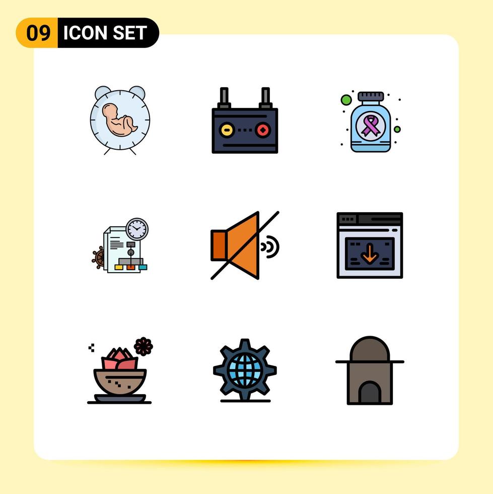 pacote de 9 sinais e símbolos modernos de cores planas de linha preenchida para mídia impressa na web, como arquivos de negócios, pílulas de tempo de eletricidade editáveis, elementos de design vetorial vetor