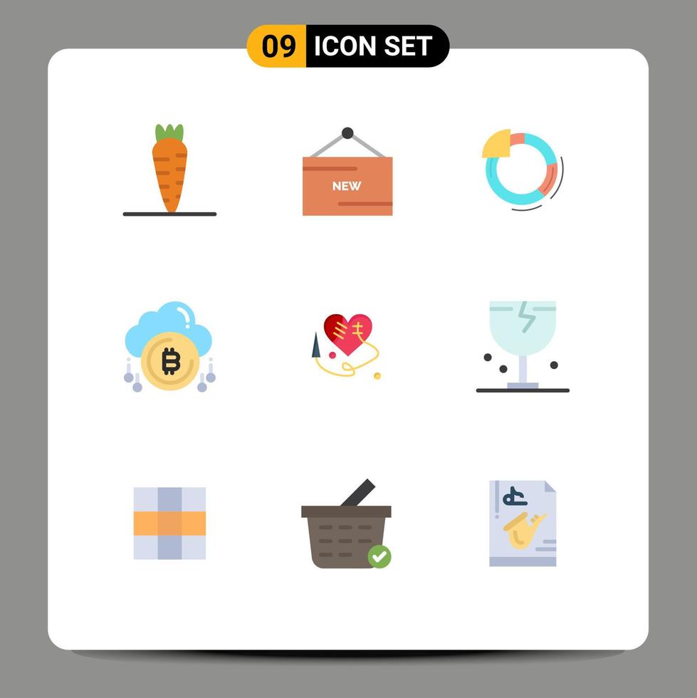 conjunto de cores planas de interface móvel de 9 pictogramas de costura coração d gráfico bit nuvem elementos de design de vetores editáveis